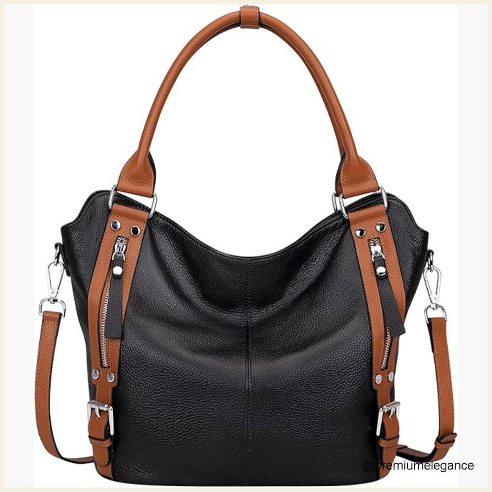 Genuine Leather Hobo Tote Bag with Multiple Pockets for Work and Casual